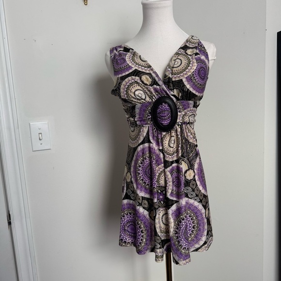 Ladies Y2K Purple and Black Patterned Dress belted goth fairy whimsy S mini - Picture 2 of 6